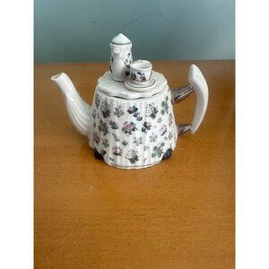 Vintage Collector's Ceramic Floral Teapot With Mini Teacup & Sugar Bowl Lid